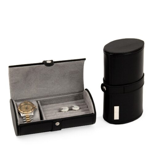 Black Leather Watch & Cufflink Travel Case with Snap Closure