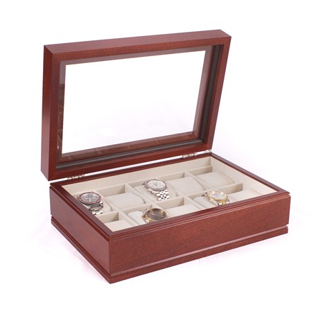 The Commander: Ten Watch Glass Top Storage Chest Mahogany