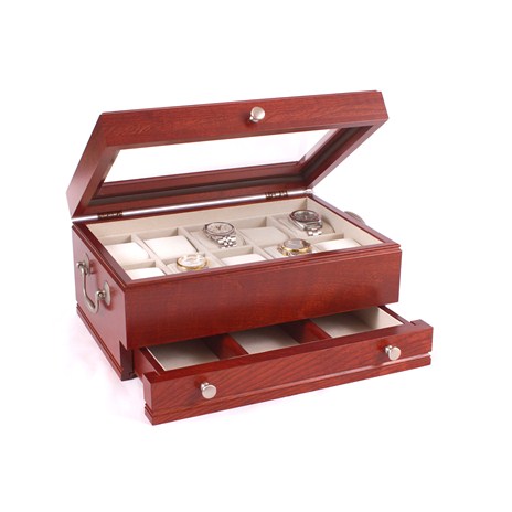 The Captain: Ten Watch Glass Top Storage Chest Mahogany