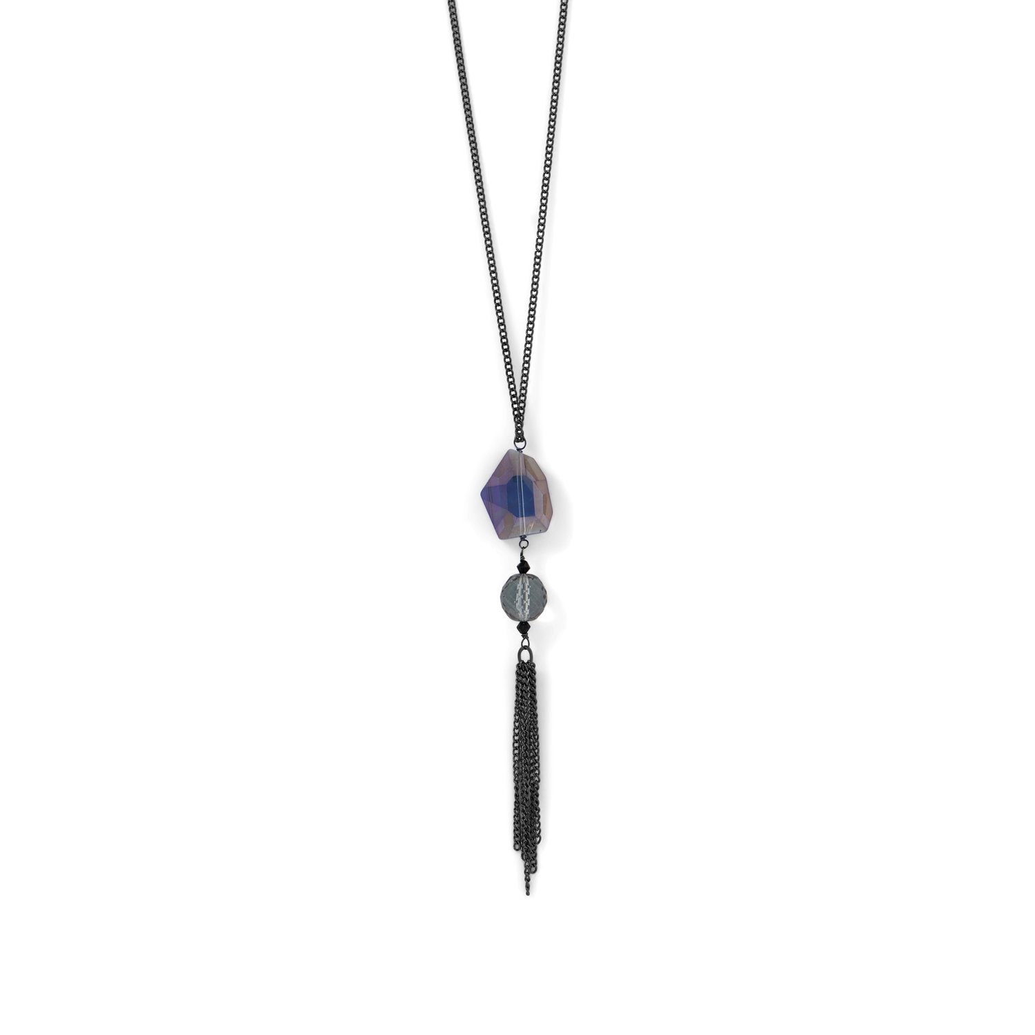 Black Plated Crystal and Tassel Drop Necklace
