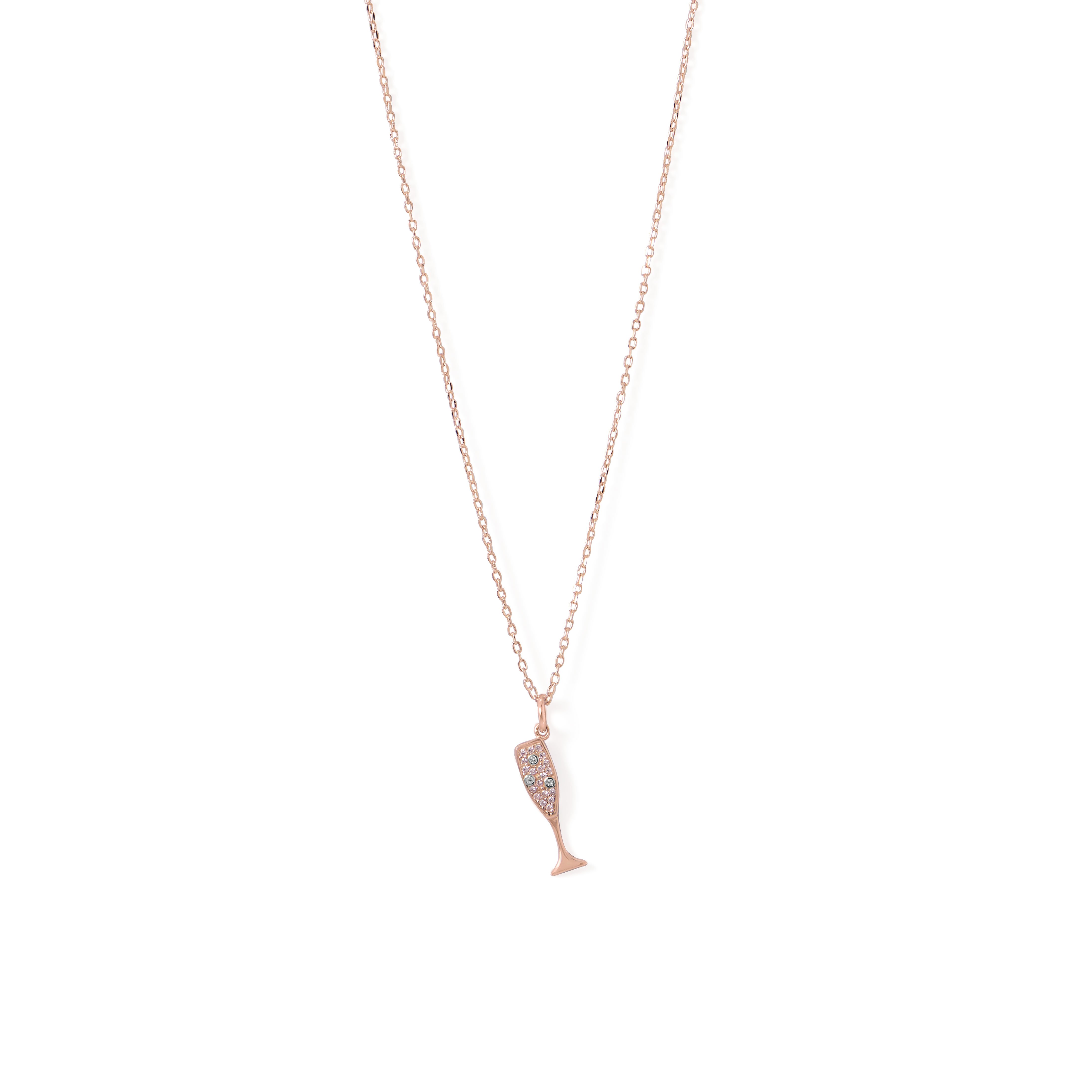 14 Karat Rose Gold Plated CZ Champagne Glass Charm Necklace