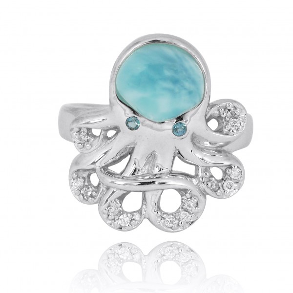 Sterling Silver Octopus Ring with Larimar, London Blue Topaz and White CZ