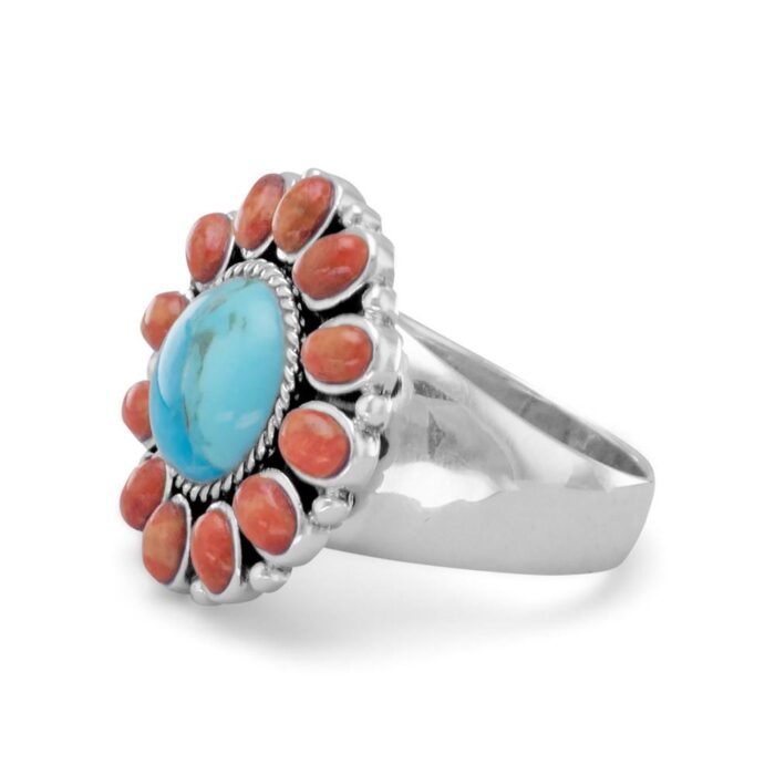 Reconstituted Turquoise and Coral Sunburst Ring