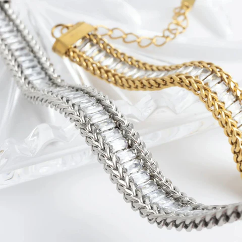 6" + 2" 18 Karat Gold PVD Stainless Steel Baguette CZ Wheat Chain Bracelet - Image 2