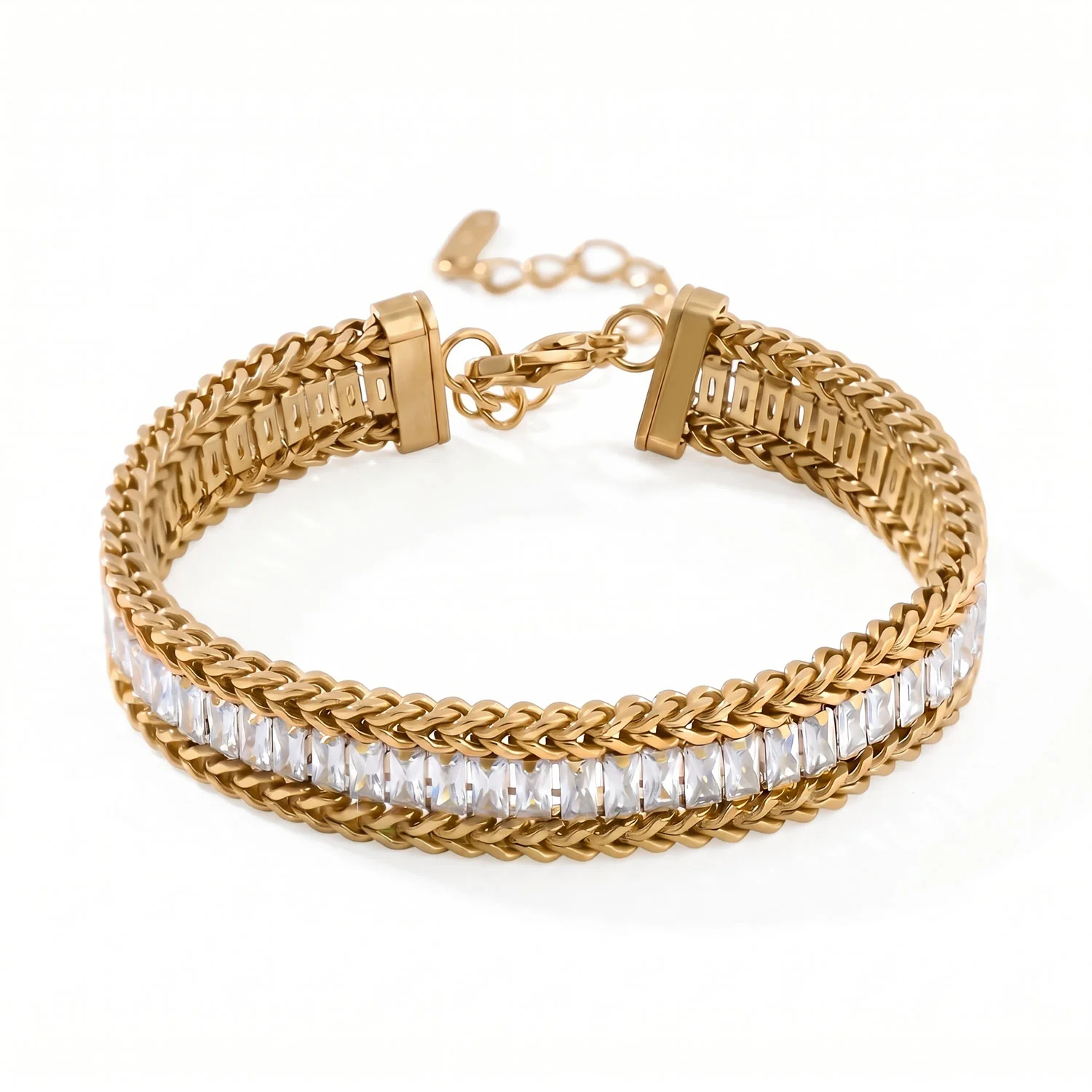 6" + 2" 18 Karat Gold PVD Stainless Steel Baguette CZ Wheat Chain Bracelet