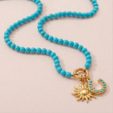 18" 18 Karat Gold PVD Stainless Steel Turquoise Inverted Hinge Necklace - Image 3