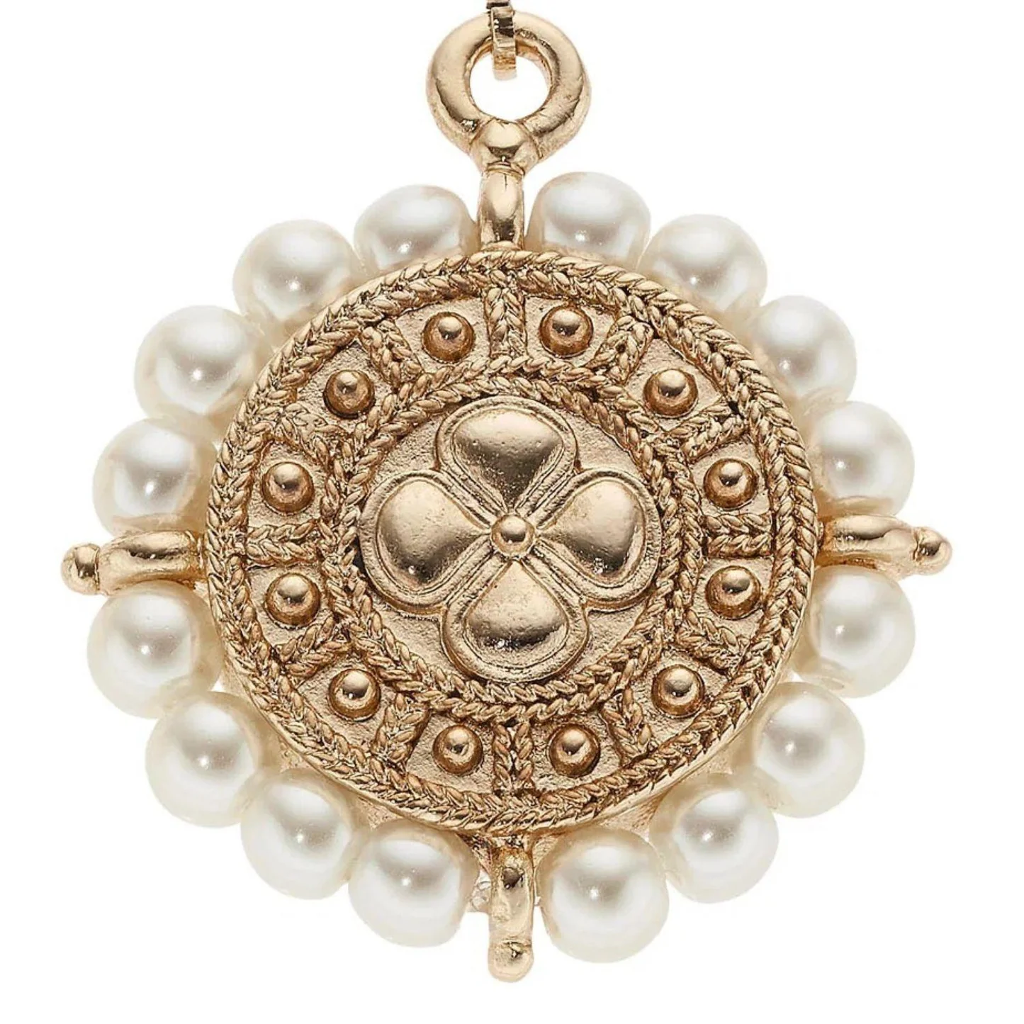 Gold Medallion with Pearls Leverback Earrings - Image 2