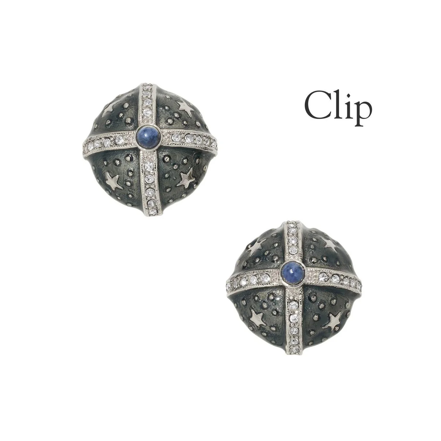 Silver Gray Enamel Round Clip Earrings - Image 4