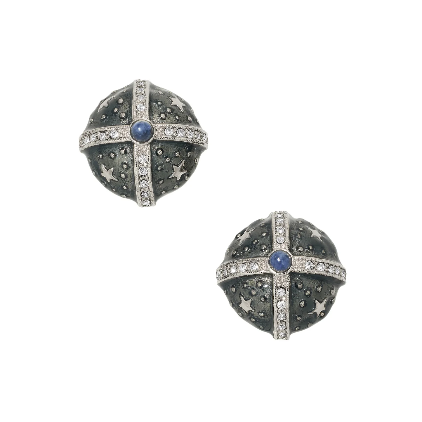 Silver Gray Enamel Round Clip Earrings