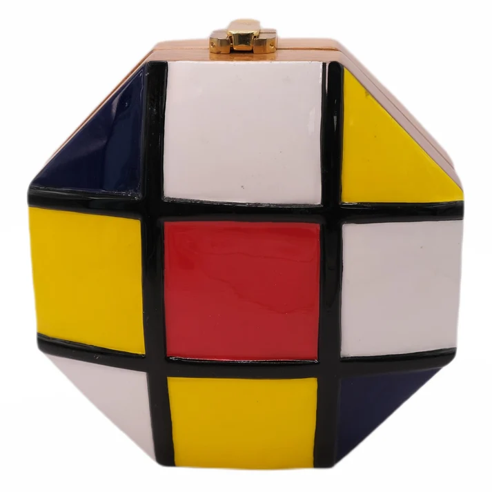 Mondrian Geometric Hand Painted Acacia Wood Handbag
