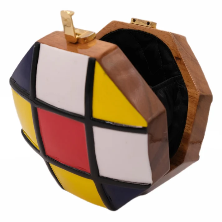 Mondrian Geometric Hand Painted Acacia Wood Handbag - Image 3
